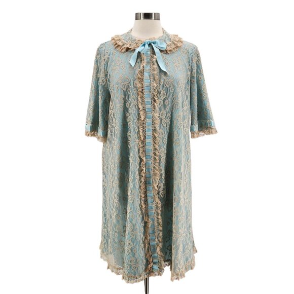Vintage Odette Barsa Womens Medium Robe Sleep Dress Floral Lace Blue Cream Night - Picture 1 of 11
